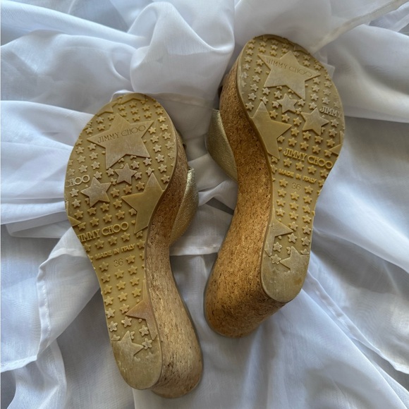 Jimmy Choo Gold Patent Leather Prima Cork Wedge Platform Sandals - Picture 6 of 7